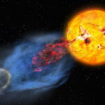 ARTIST'S DEPICTION OF A CORONAL MASS EJECTION FROM EK DRACONIS. THE HOTTER AND FASTER EJECTION IS SHOWN IN BLUE, WHILE THE COOLER AND SLOWER EJECTION IS SHOWN IN RED.
