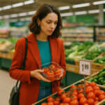 Modisch gekleidete Frau, die in der Gemüseabteilung des Supermarktes eine Schale mit Tomaten aus der Auslage nimmt und das Preisschild betrachtet.