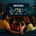 Eine internationale Familie (Eltern plus Sohn und Tochter) in einem modernen Wohnzimmer schaut Streaming-TV, auf dem Bildschirm ist ein Auswahlmenü für das Filmangebot zu sehen, die Tochter hat eine Fernsteuerung in der Hand.