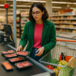 Modisch gekleidete Verbraucherin, die an der Supermarktkasse ihre Einkäufe auf das Band legt, darunter deutlich sichtbar tiefgekühlte Fleischprodukte.