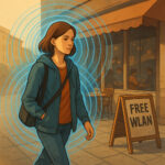 Eine Person geht an einem Straßencafé vorbei, dort hängt ein Schild mit "Free WLAN". Die unsichtbaren Funkwellen um die Person sind sichtbar, so ähnlich wie eine Aura.