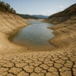 Stausee im Gebirge mit niedrigem Wasserstand