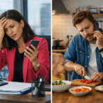 Darstellung im Splitscreen: links Frau modisch gekleidet, keine Beigetöne, im modernen Büro am Schreibtisch, sie telefoniert mit ihrem Mann. Rechts: ihr Mann zuhause am Küchentisch, modisch gekleidet, keine Beigetöne, der zwei kleinen Kindern am Tisch das Abendessen zubereitet.