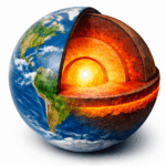 Schichtaufbau der Erde aus Kruste, Mantel und Erdkern, dreidimensionale Darstellung.