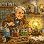 Thomas Alva Edison experimentiert im 19. Jahrhundert in seinem Labor mit einem elektrochemischen Versuchsaufbau zu einer neuen Batterietechnik, und bringt eine Glühbirne zum Leuchten.