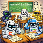 In einem Klassenraum sitzen verschiedene Chatbots und grübeln über schwierigen Prüfungsfragen.