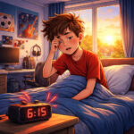 14jähriger Schüler in einem modernen Jugendzimmer wird morgens vom Radiowecker geweckt, vor dem Fenster geht gerade die Sonne auf, der Schüler ist todmüde.
