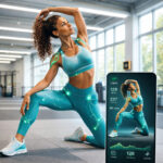 Frau mit futuristischem Smart Clothing-Trainingsdress in modischer Farbe, die in einer modernen Turnhalle Gymnastik-Übungen macht, während auf ihr Smartphone Bewegungsdaten übertragen werden, das Display ist am Bildrand eingeblendet.