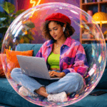 Modisch gekleidete Internet-Surferin auf dem Sofa vor ihrem Laptop, in einem modischen Wohnzimmer, sie ist ein einer Seifenblase eingeschlossen.