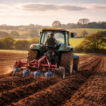 Britischer Bauer auf seinem Traktor pflügt ein Feld.