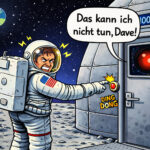 Ein Astronaut steht auf dem Mond vor der Tür der Mondstation, und drückt auf die Klingel. Eine KI die die Station kontrolliert sagt: "Das kann ich nicht tun, Dave!"