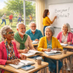 Modisch gekleidete, internationale, fitte Seniorinnen und Senioren beim Sprachunterricht in einem Klassenzimmer, durch das Fenster sieht man andere SeniorInnen beim Sport.