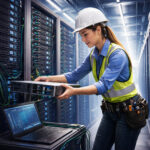 Blick in ein europäisches Rechenzentrum, eine Technikerin installiert gerade einen neuen Server.