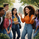 Internationale, modisch gekleidete Gruppe von Studentinnen und Studenten, sie hören gebannt einer anderen Studentin zu, die lebhaft gestikulierend eine Geschichte erzählt.