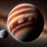 Darstellung eines freifliegenden Planeten und seines Mondes.