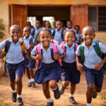 Afrikanische Schulkinder, die nach der Schule fröhlich aus dem Schulgebäude stürmen.