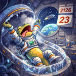 Lurch im Raumanzug, der nach einem langem Schlaf in seinem Raumschiff aufwacht und sich streckt und reckt. Der Kalender zeigt das Jahr 2126.