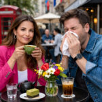 Ein Mann und eine Frau in einem Straßencafé, modisch gekleidet, keine Beigetöne, auf dem Tisch steht neben den Getränken auch eine Vase mit Blumen, die Frau trinkt grünen Tee und ist zufrieden, der Mann hat Heuschnupfen und muss niesen.