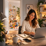 Modisch gekleidete Frau arbeitet im modernen stylishen Homeoffice, die Tür zum Flur ist offen, man sieht ein 5jähriges Kind in seinem Kinderzimmer spielen.