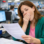 Eine Redakteurin im Newsroom, modisch gekleidet, liest einen ausgedruckten Artikel, und langweilt sich beim Lesen,