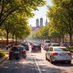 Sommerliche Stadtszene in einer süddeutschen Großsstadt, Stadtbäume stehen am Straßenrand, auf der Straße staut sich Autoverkehr, ein leichter Abgasschleier ist zu sehen.
