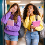 Zwei übermüdete Schülerinnen, international, modisch gekleidet, keine Beigetöne, die morgens in den Klassenraum kommen. Eine von beiden reibt sich die Augen, die andere gähnt mit vorgehaltener Hand.