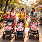 Indische Frauen, die in einem Park in einer indischen Großstadt im Sommer ihre Babies im Kinderwagen spazieren fahren