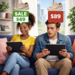 Internationales Paar auf dem Sofa, jeder mit einemn Tablet, sie sind beim Online-Shopping. Frau freut sich über niedrigen Preis, Mann wundert sich über hohen Preis.