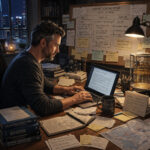 Sci-Fi-Autor in seinem Büro, der einen Roman zum Thema Quantencomputing entwirft, er hat ein Laptop zum Schreiben, Listen und Karteikarten auf dem Schreibtisch, und an der Wand hängt ein Plot-Schema für den Roman.