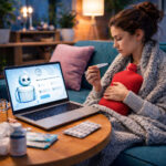 Modernes Wohnzimmer, Patientin mit Grippesymptomen, Wärmflasche und Fieberthermomenter befragt auf ihrem Laptop einen Chatbot nach Gesundheitstipps. Auf dem Couchtisch liegt eine angebrochene Medikamentenpackung.