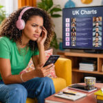 Frau in farbenfroher moderner Wohnumgebung, die mit dem Kopfhörer Musik hört, und auf dem TV-Bildschirm die UK-Charts studiert, und sich dabei ärgert.