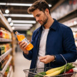 Modisch gekleideter Mann betrachtet im Supermarkt eine Limonadenflasche und liest das Etikett.